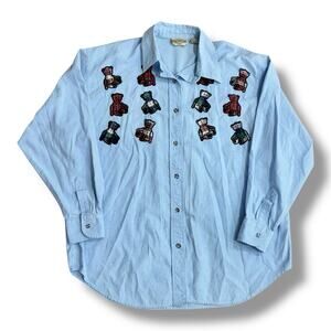 Vintage 90s Denim Republic Size XL Blue Embroidered Teddy Bear Plaid Shirt